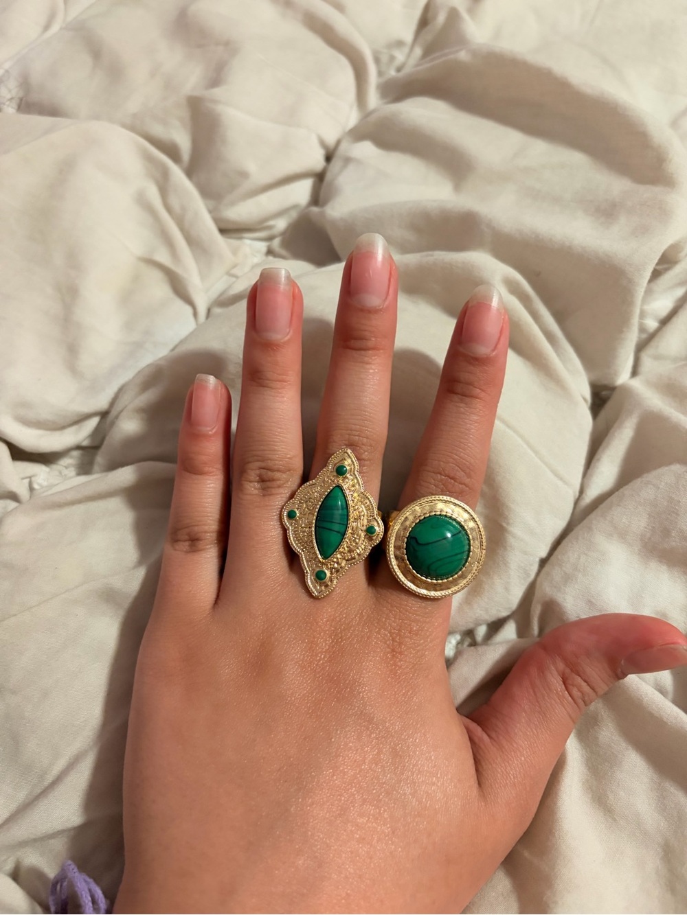 Set of 2 Gold Tone Green Malachite Style Statement Rings Boho Cocktail Stackable